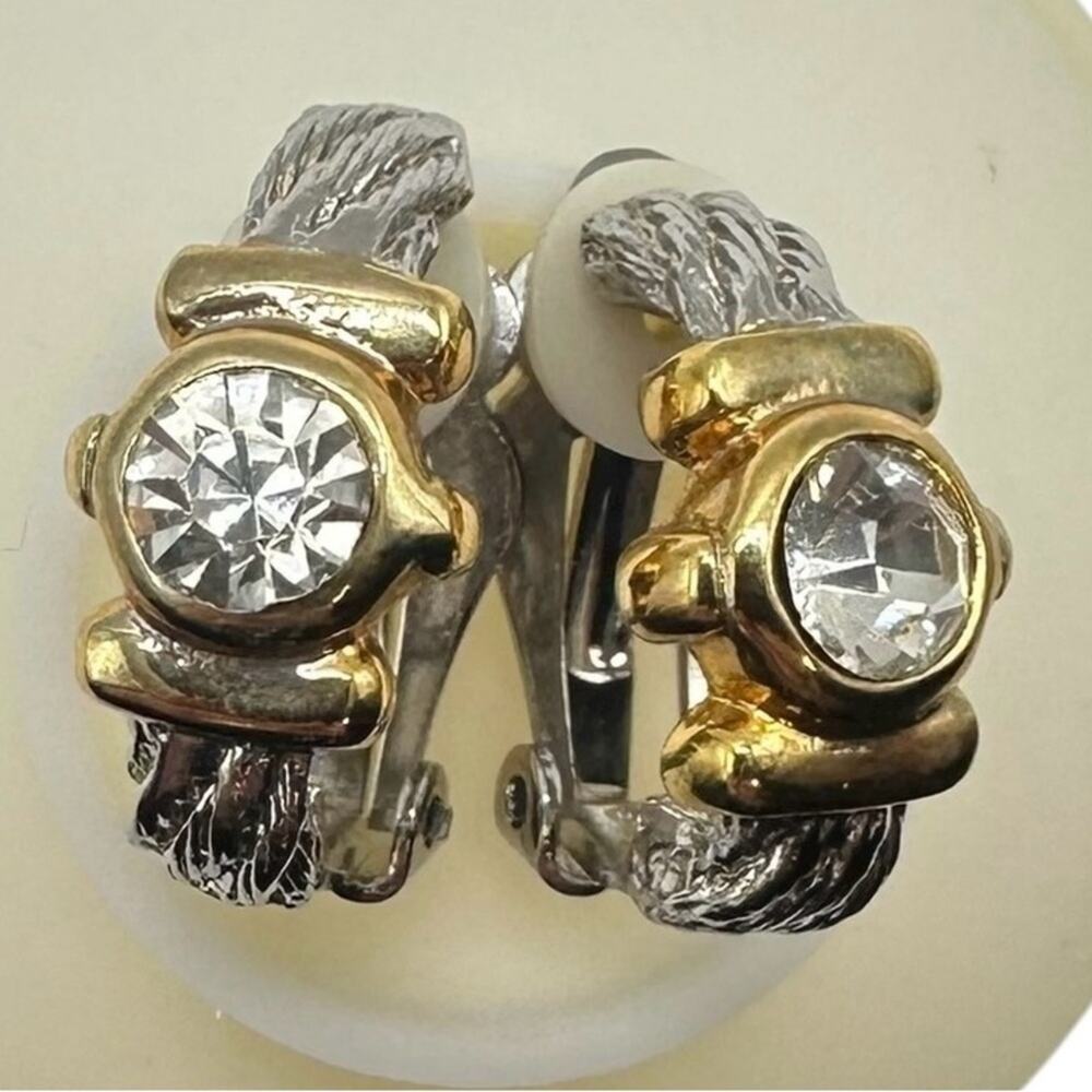 Vintage Rhinestone Gold and Silver Tone Clip-On Earrings with Clear Stones